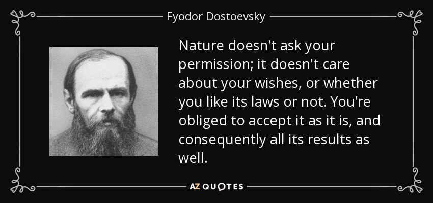 Fyodor Dostoevsky — Nature doesn't ask your permission; it doesn't care about your wishes, or whether you like its laws or not. You're obliged to accept it as it is, and consequently all its results as well.