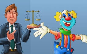 Cartoon — a lawyer in a suit presents the scales of justice alongside a cheerful clown