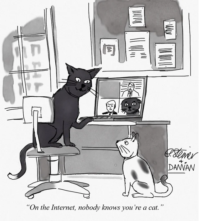 New Yorker cartoon — On the Internet, nobody knows you're a cat. A cat sits at a computer on a Zoom call.